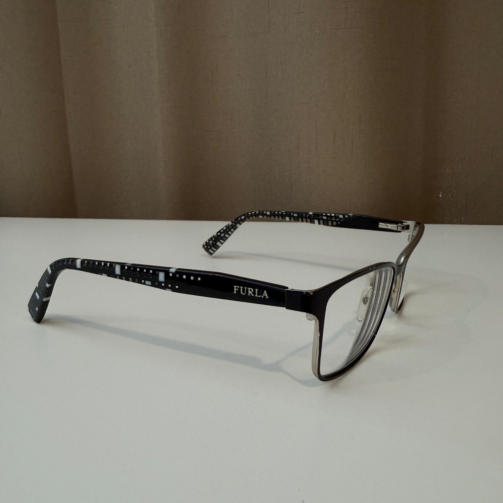 Furla VFU124 Eyeglasses Frames Black Silver Geometric Pattern Temples Womens - Picture 2 of 4